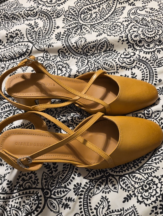 QISHENGNUXIE Shoes - Qishengniuxie Mustard Yellow Crisscross Slingback Flats Womens Size 37 New